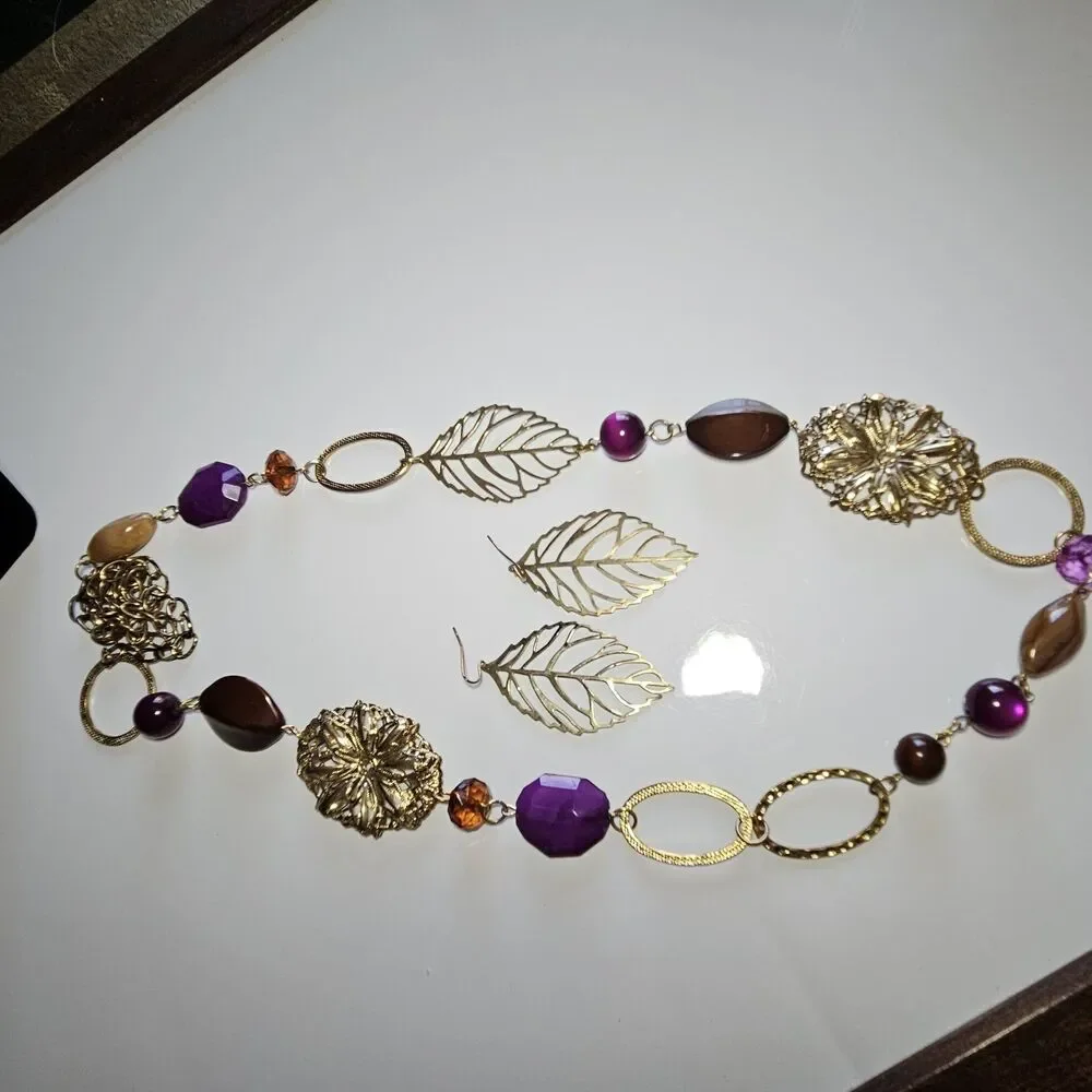 Gold Tone Autumn Colors Chunky Necklace & Leaf Earrings 42